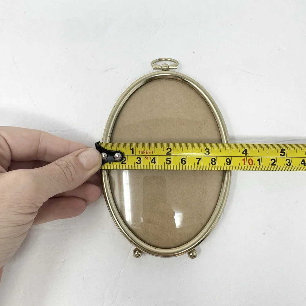 Vintage Convex Bubble Glass OVAL Brass Tone Picture Frame Ball Feet 5